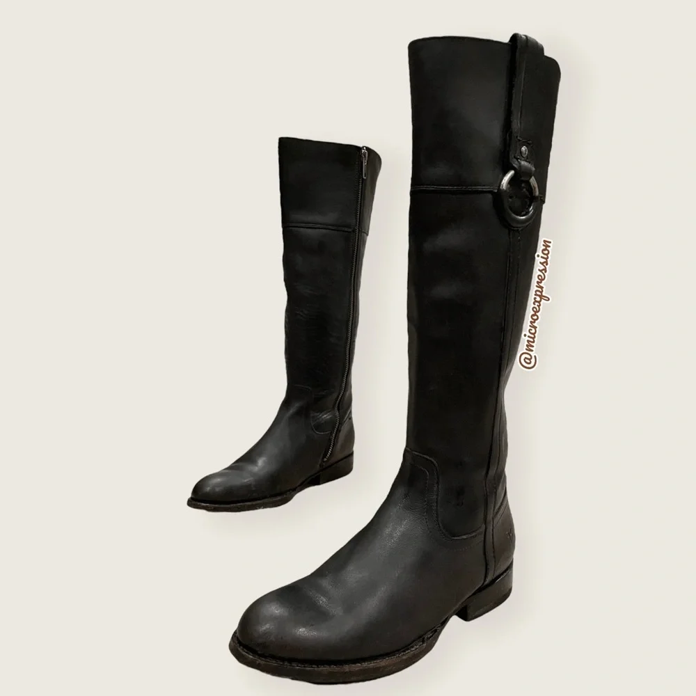 $389 Frye Jamie Ring Tall Distressed Stone Black Leather Knee High Zip Up Boot